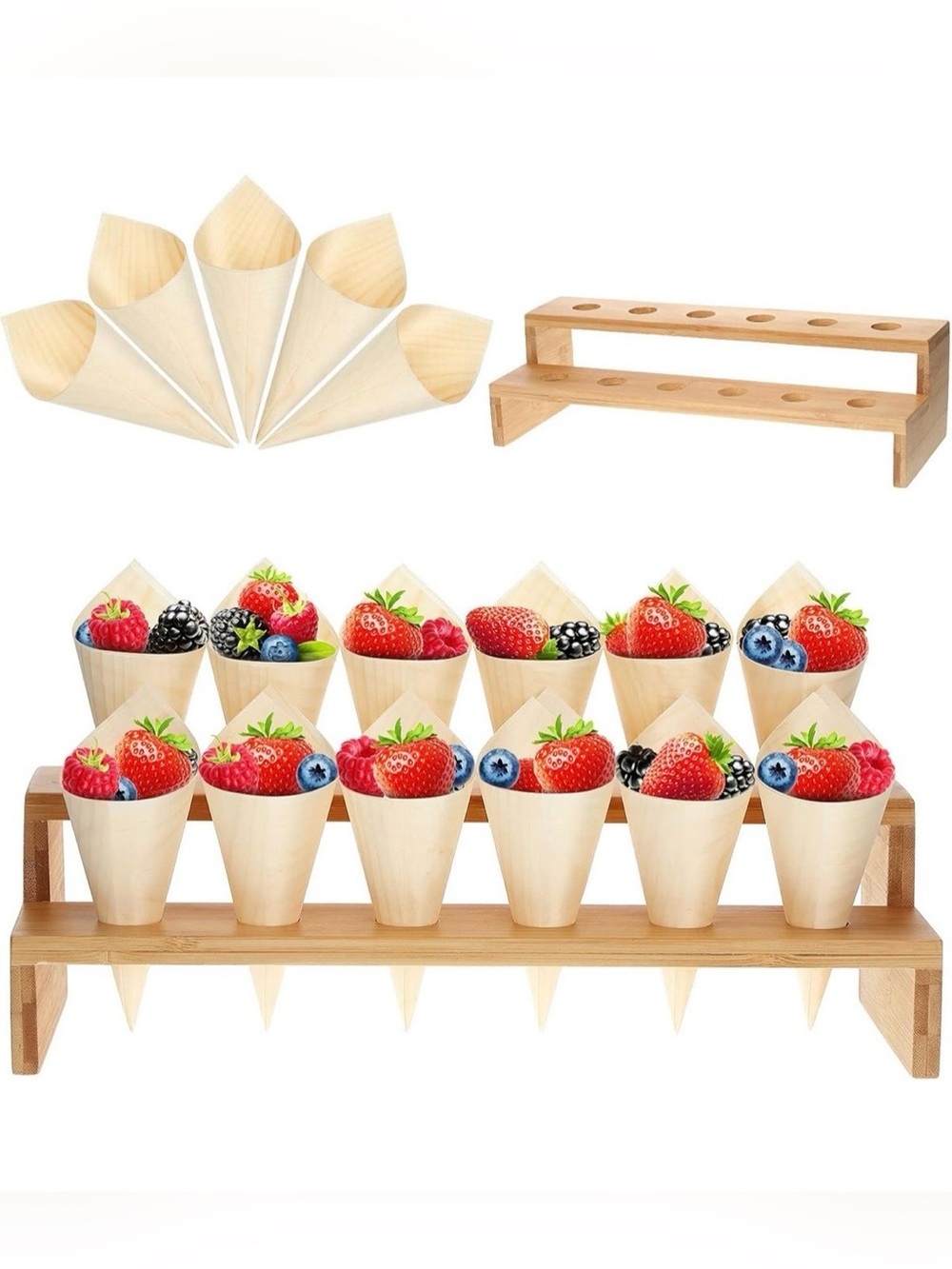Queekay Bamboo Dessert Cone Holder Stand with Wooden Cones - Holds 12